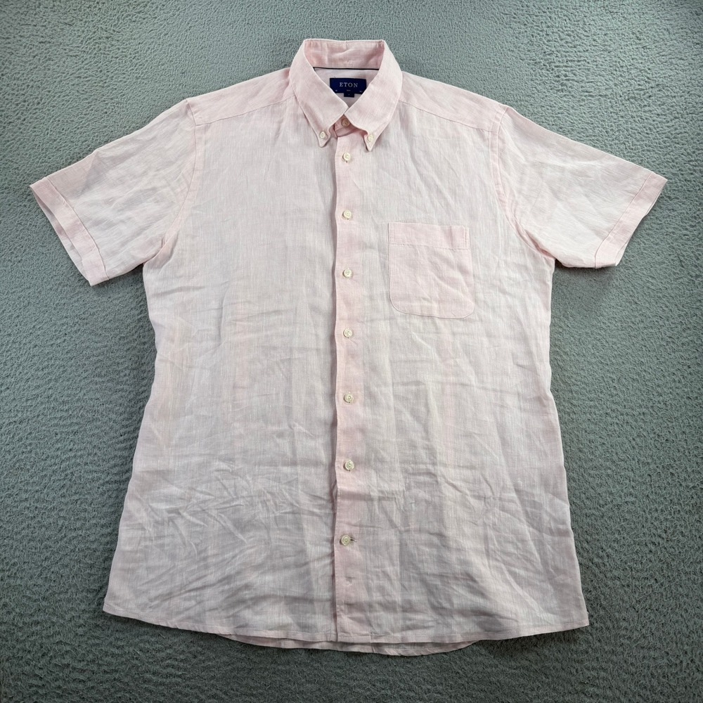 Eton Shirt Mens Large Slim Fit Pink Short Sleeve Linen Button Up Preppy